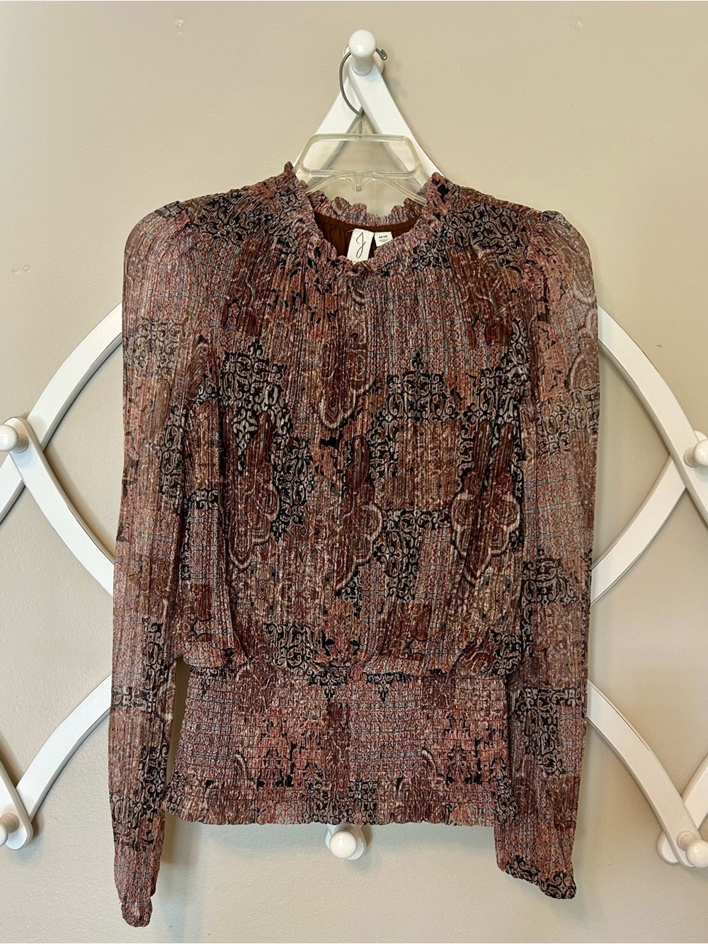Joie Brown Paisley Smocked-Waist Long Sleeve Blouse